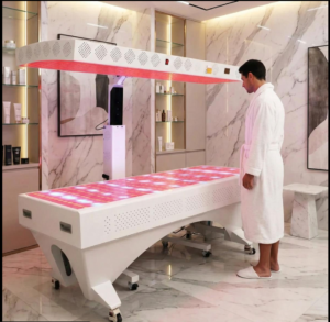 Full-body LED light therapy system in professional wellness clinic