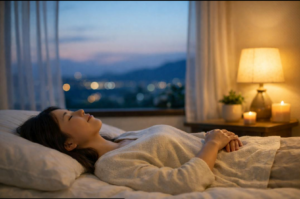 Woman relaxing peacefully in bed as part of an evening wellness routine to support better sleep.