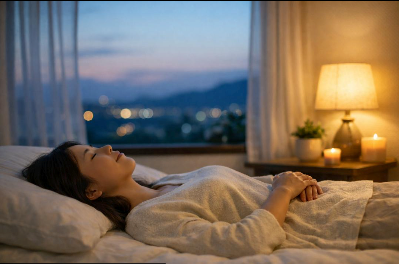 Woman relaxing peacefully in bed as part of an evening wellness routine to support better sleep.