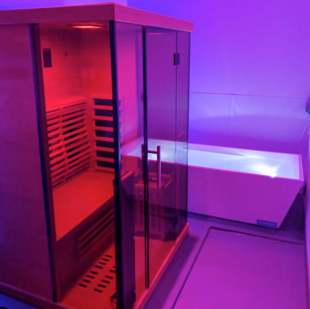 Infrared sauna and cold plunge used as complementary wellness therapies for recovery and relaxation.