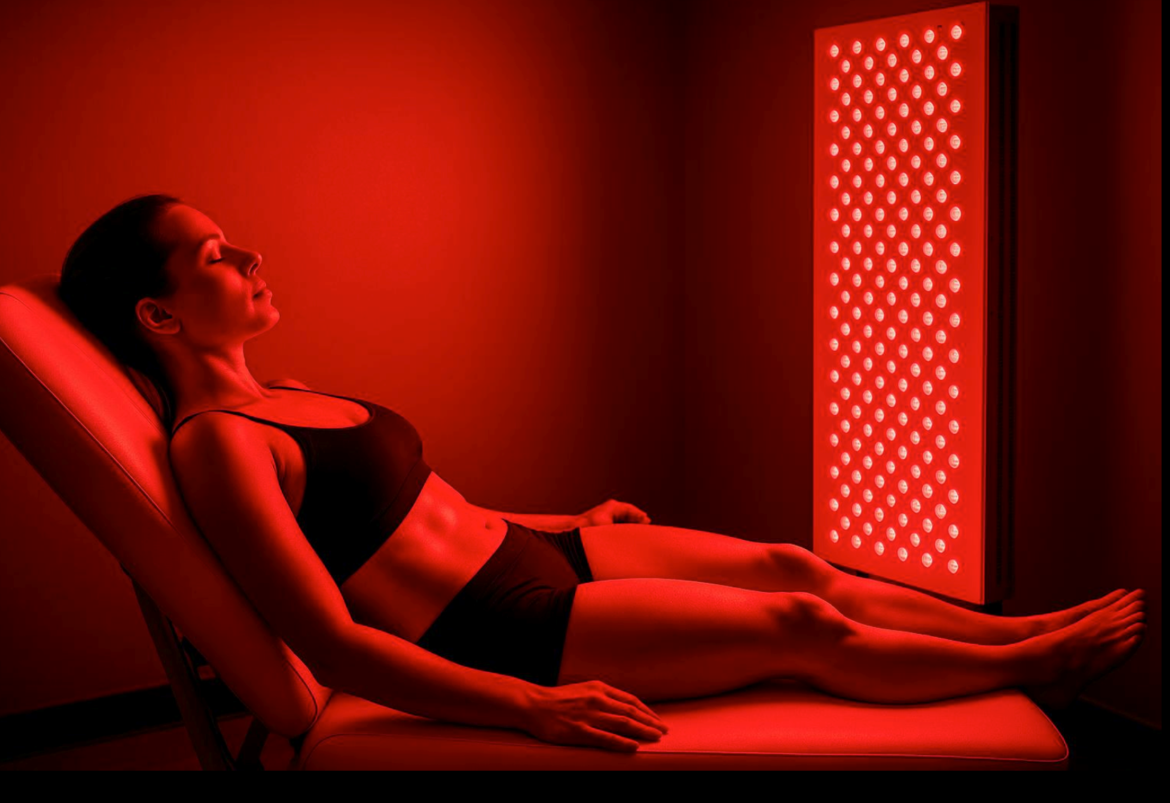 Individual using a full-body LED light therapy panel to support relaxation, recovery, and overall wellness.