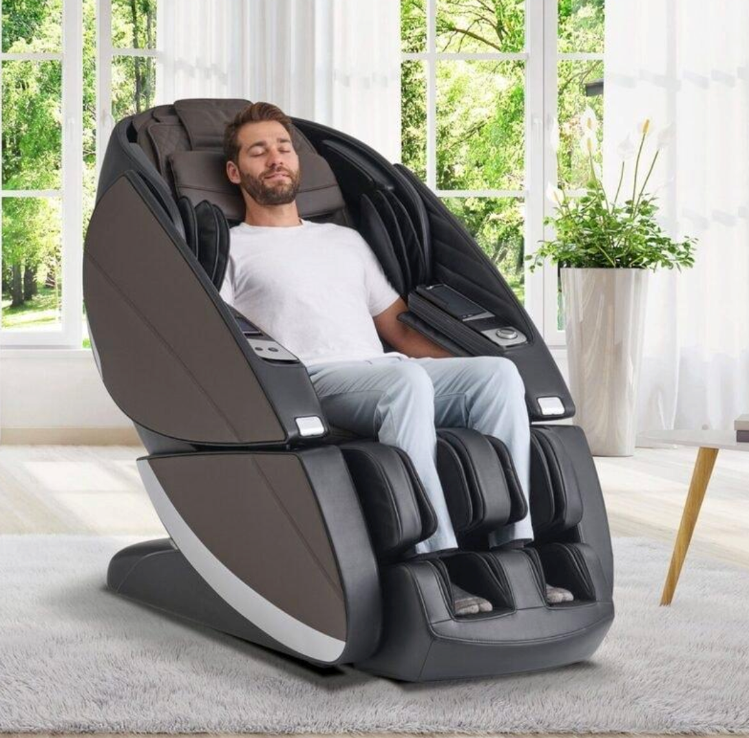 Modern recovery lounge featuring advanced pain relieving devices and massage chairs