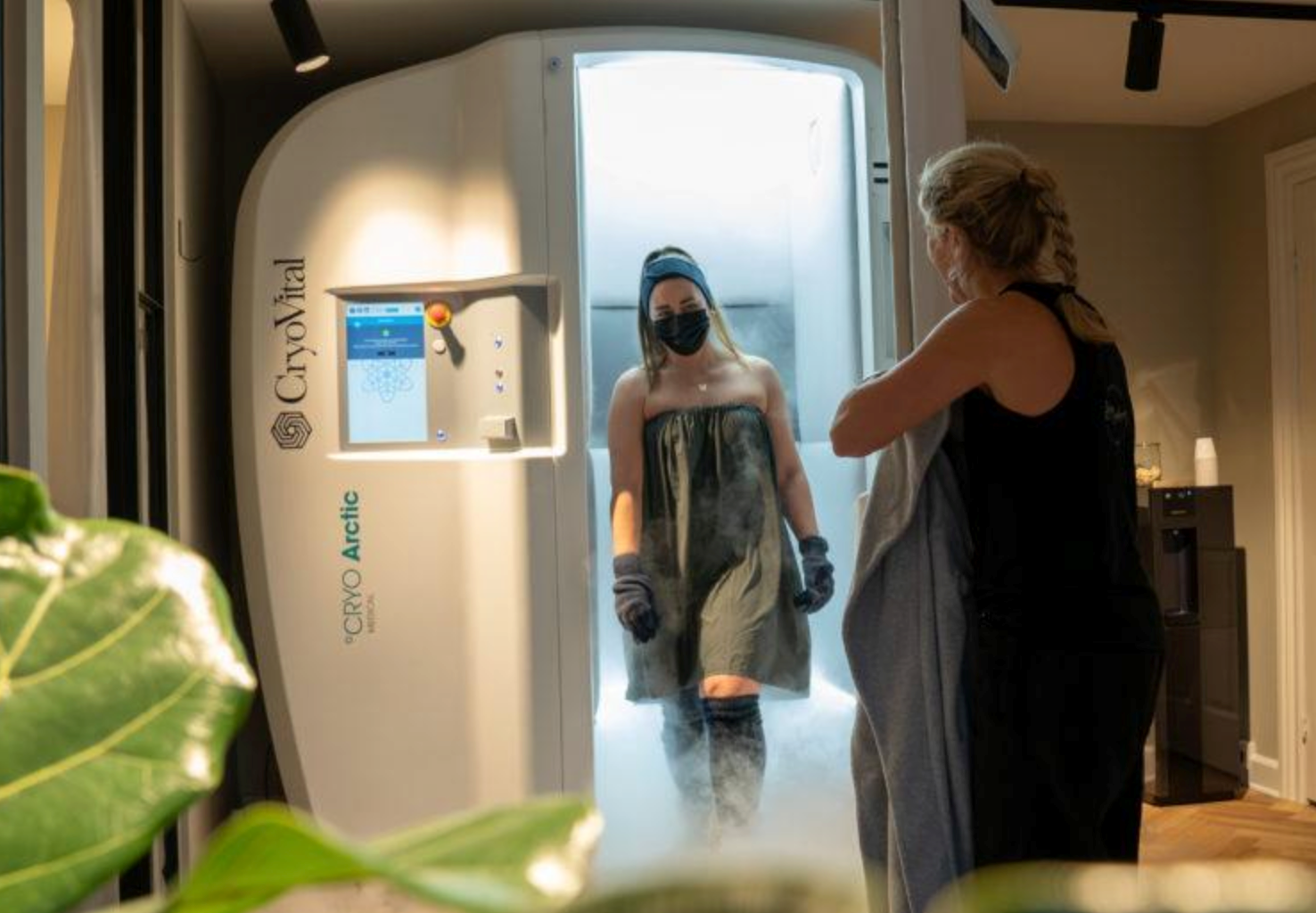 Whole-body cryotherapy chamber at a wellness clinic supporting recovery, relaxation, and post-workout wellness.