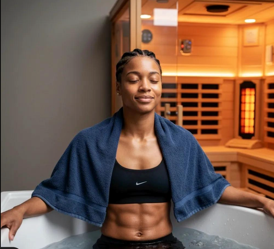Athletes using hot and cold water for contrast therapy recovery