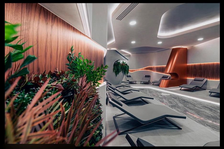 Comfortable wellness relaxation space with recovery loungers