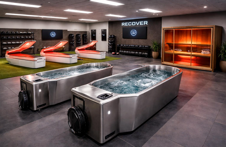 Modern contrast therapy recovery facility with cold plunge and heat equipment